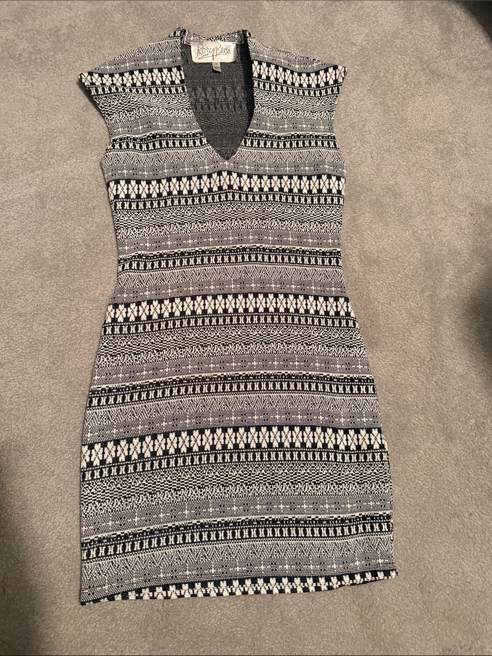 Rory Beca Black & White V-Neck Patterned Knit Mini Dress